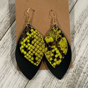 Bright yellow green faux leather snakeskin earrings